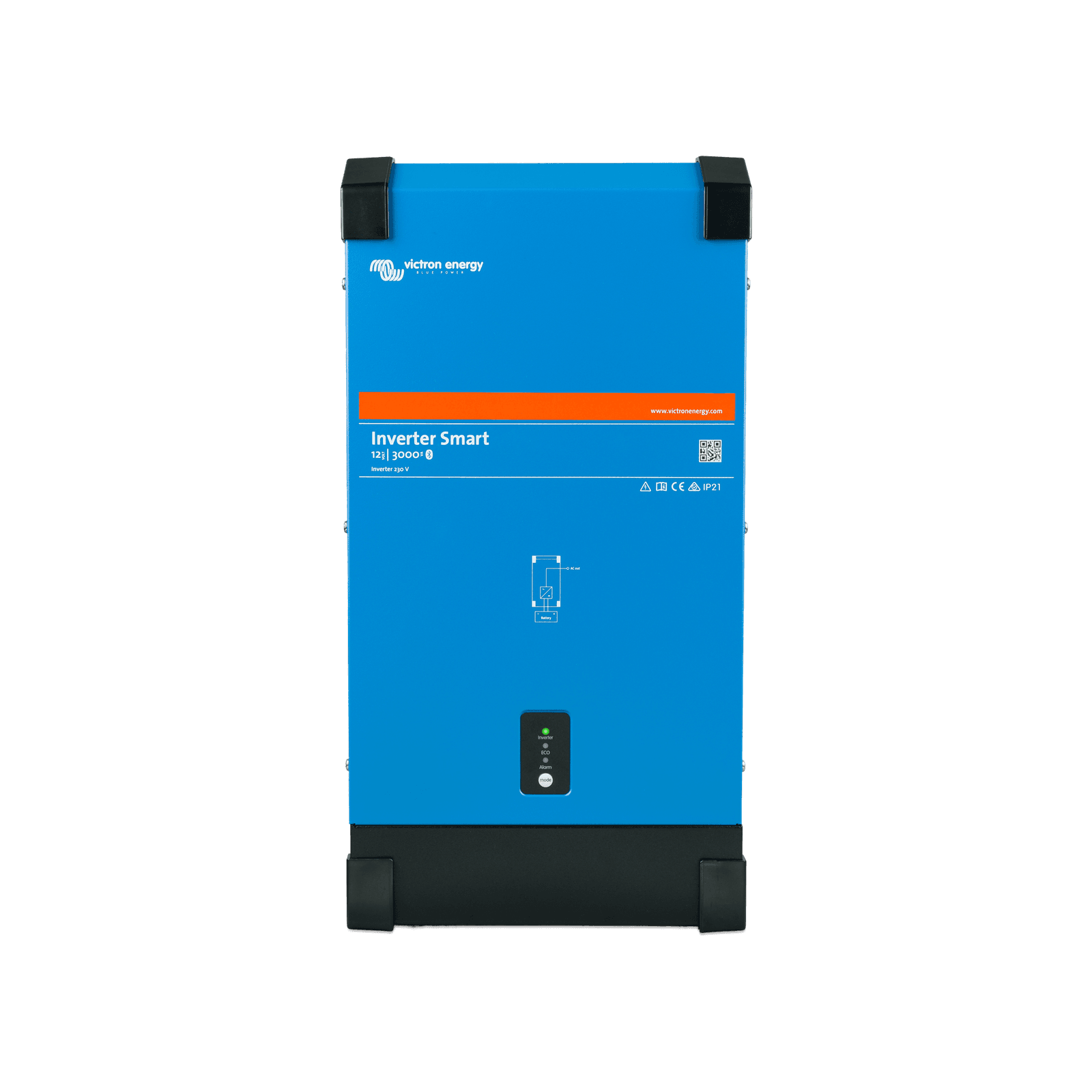 A tall, blue Victron Energy inverter with an orange stripe and black casing at the top and bottom.