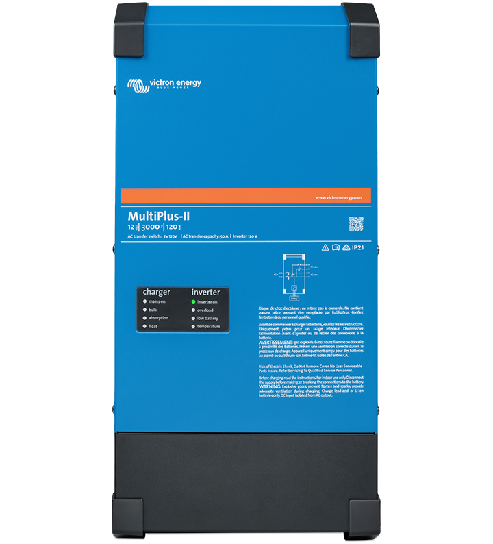 Victron MultiPlus-II inverter in a blue enclosure with an indicator panel.