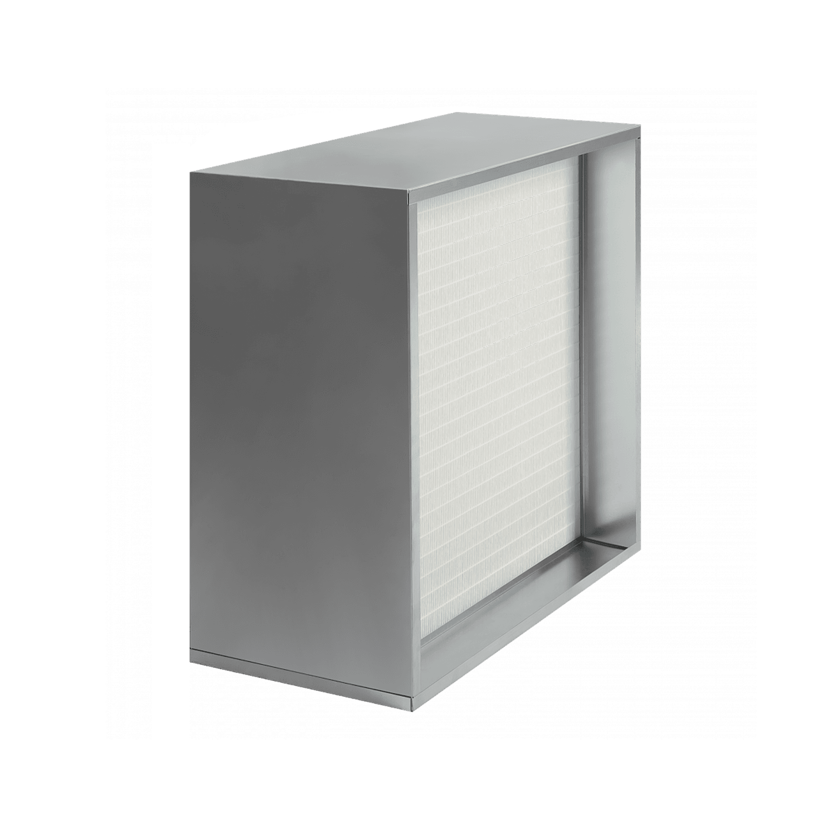 A large, rectangular air filter with a white, densely pleated filter element, placed in a silver, metal frame.