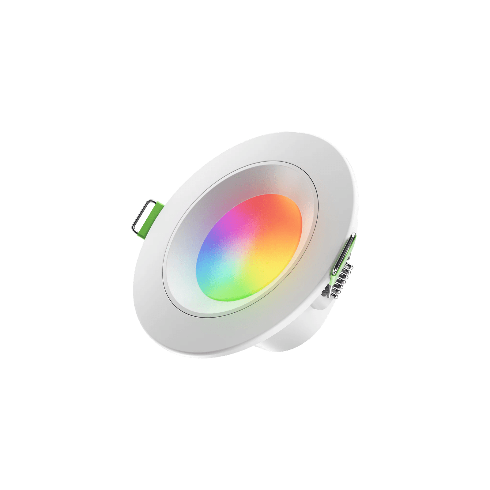 A round, smart LED downlight fixture displaying a rainbow of multicolored light.
