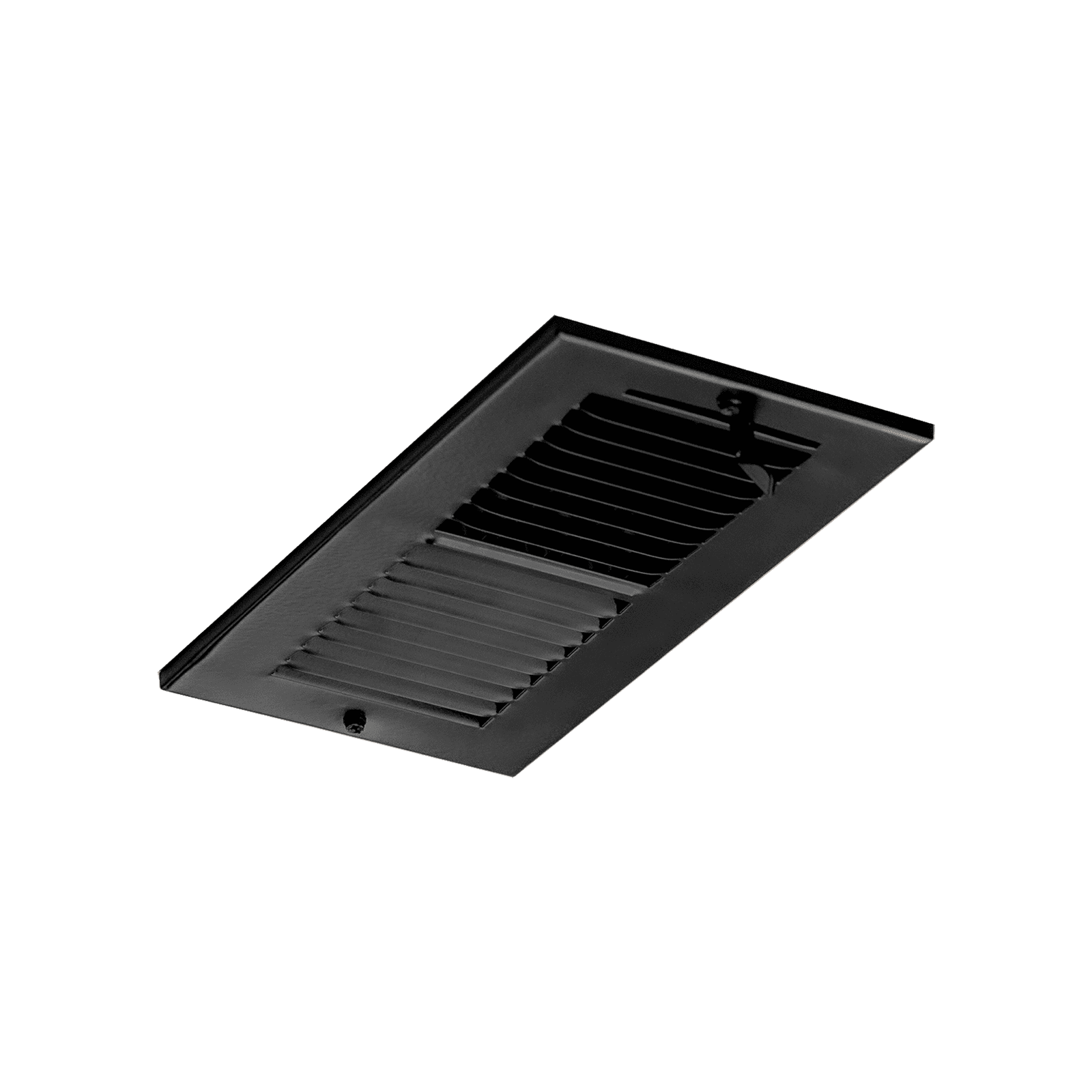 Black, rectangular ventilation grille with adjustable, horizontal louvers, angled against a white background.