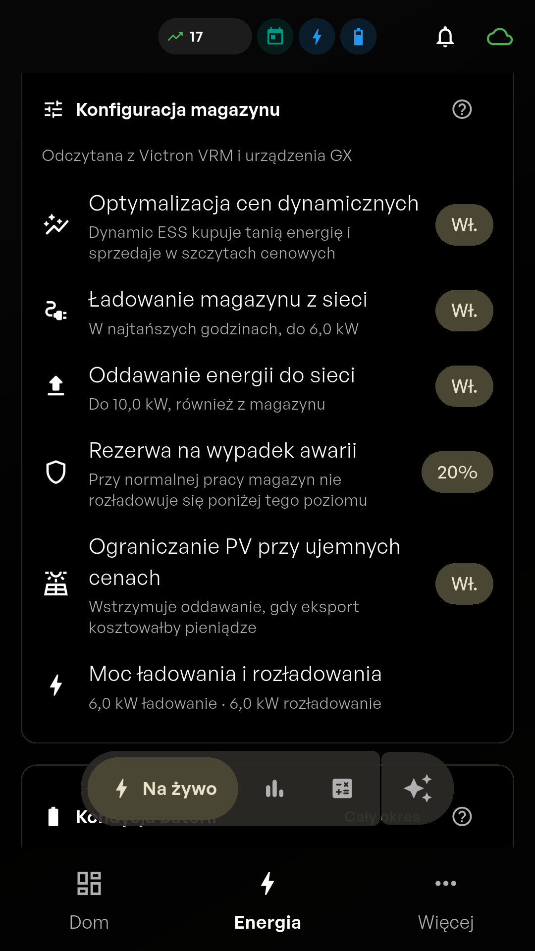 Ekran aplikacji Hombee Energy „Konfiguracja magazynu” z ustawieniami cen dynamicznych, ładowania z sieci, oddawania energii i rezerwy na wypadek awarii.