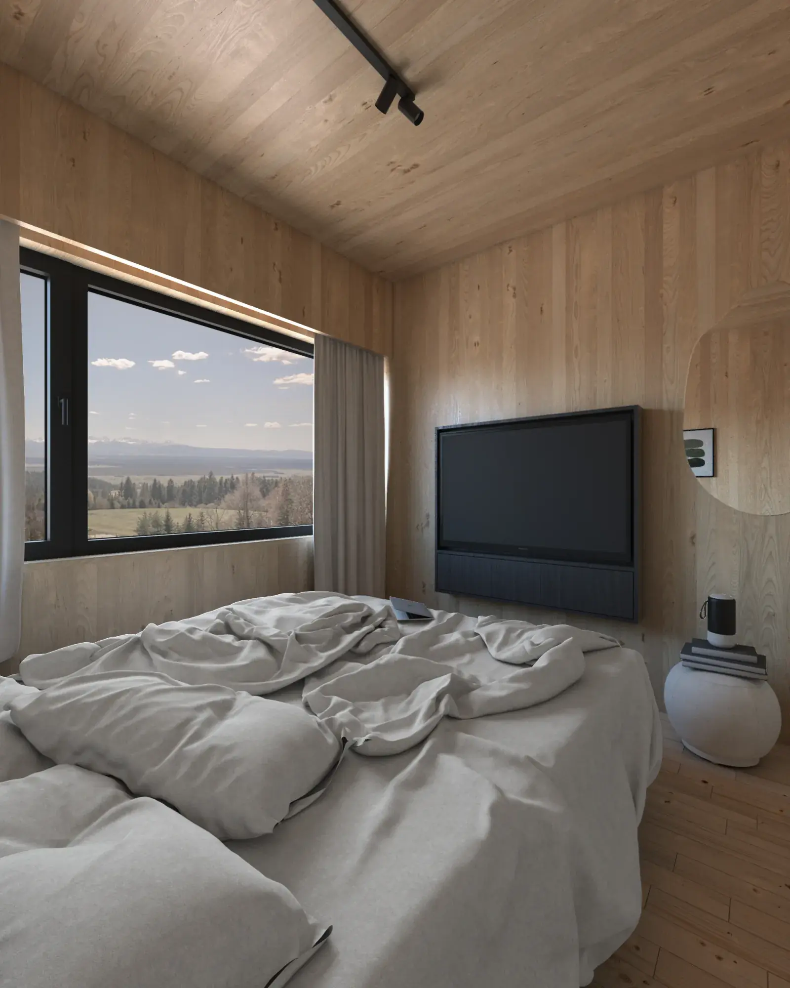 Visualisation of a bedroom in a Hombee Home modular home with natural CLT timber walls and ceiling and a large window overlooking the mountains