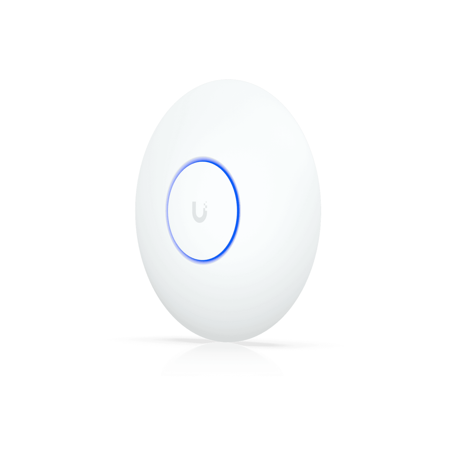 A white, round Ubiquiti Wi-Fi access point with a glowing blue LED ring around the logo.