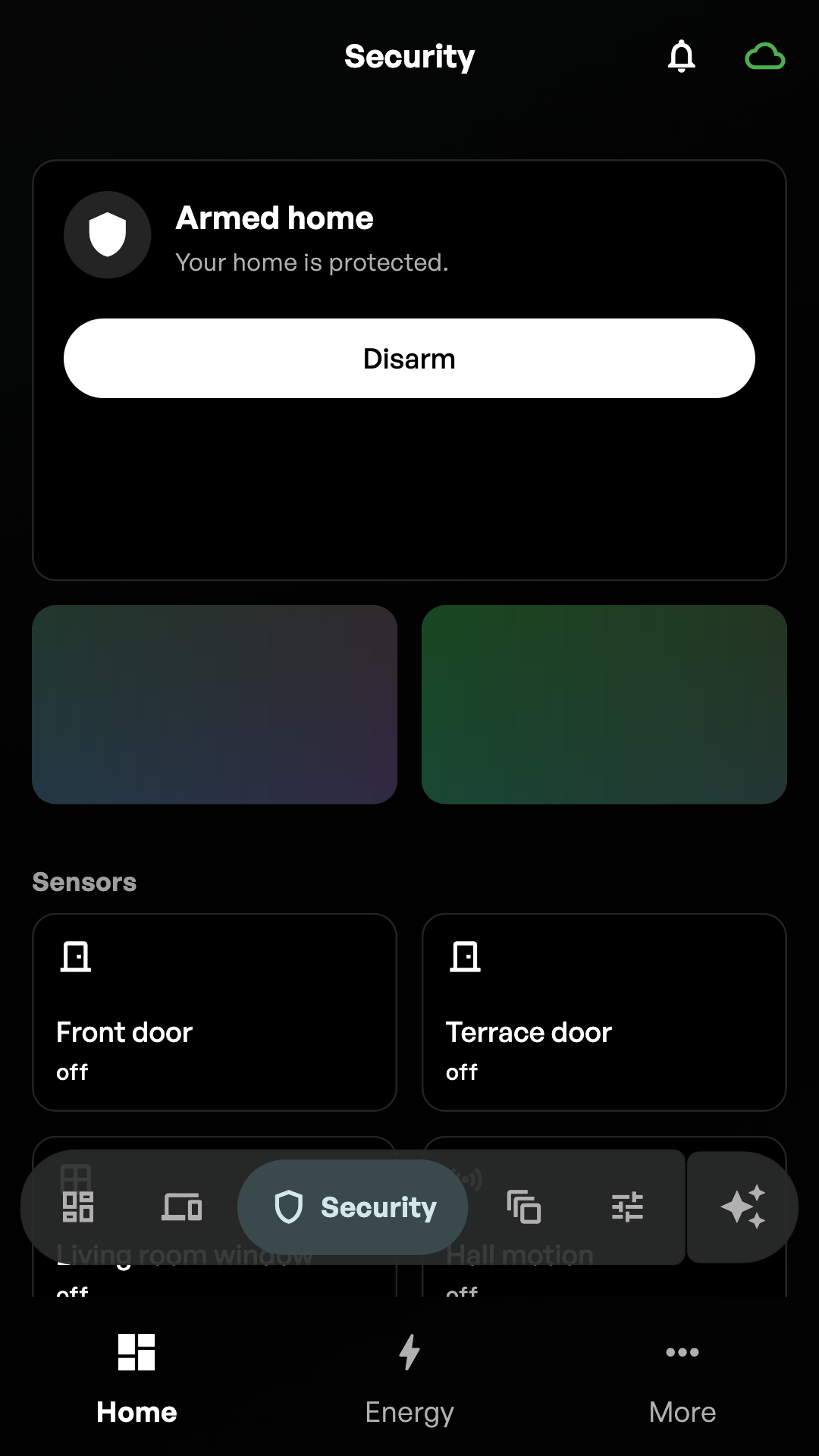 Hombee security view with the current alarm mode, cameras, sensors and recent activity.