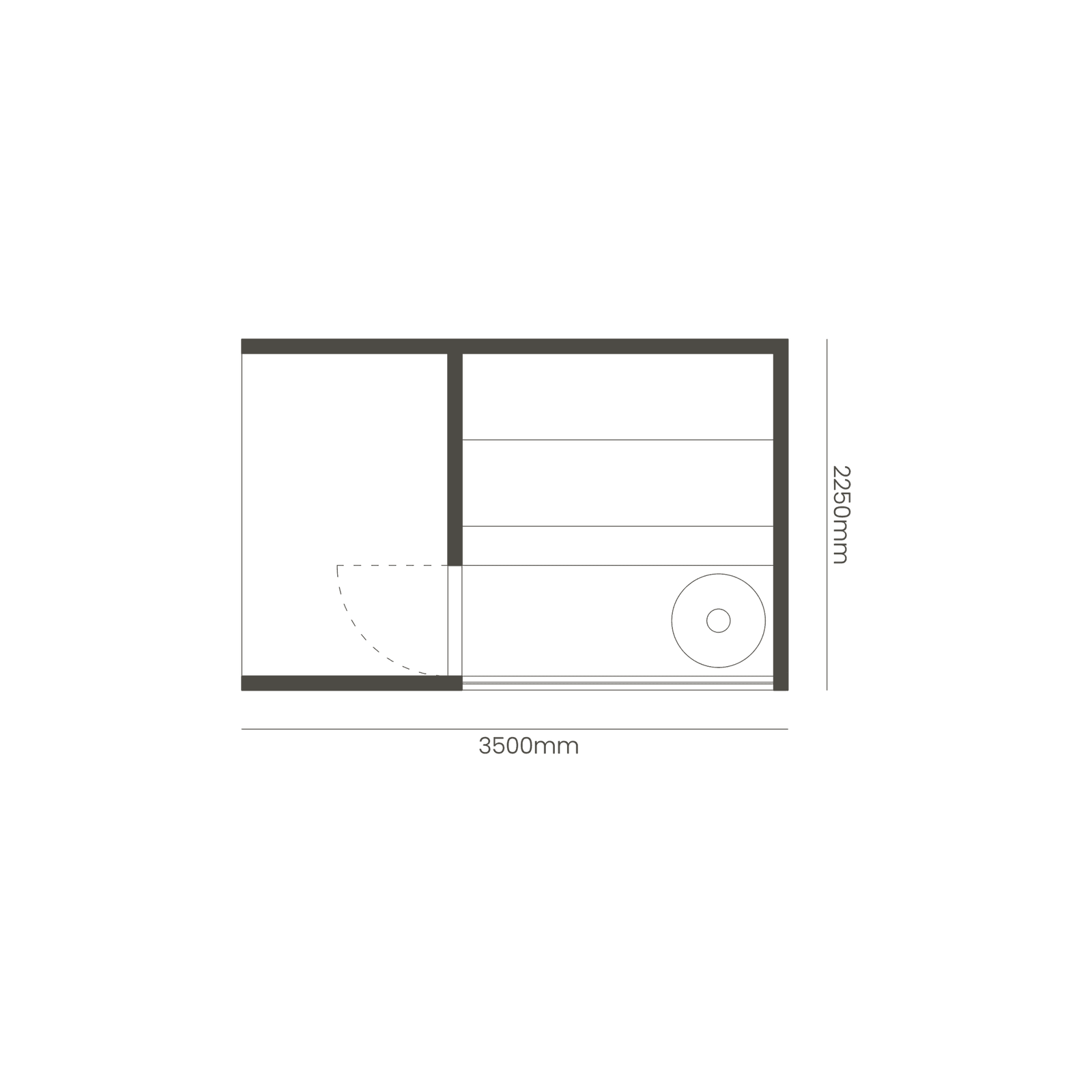 Schematic plan of a sauna measuring 3500 mm by 2250 mm. The plan shows the sauna cabin on the left and a long bench with a round stove on the right.