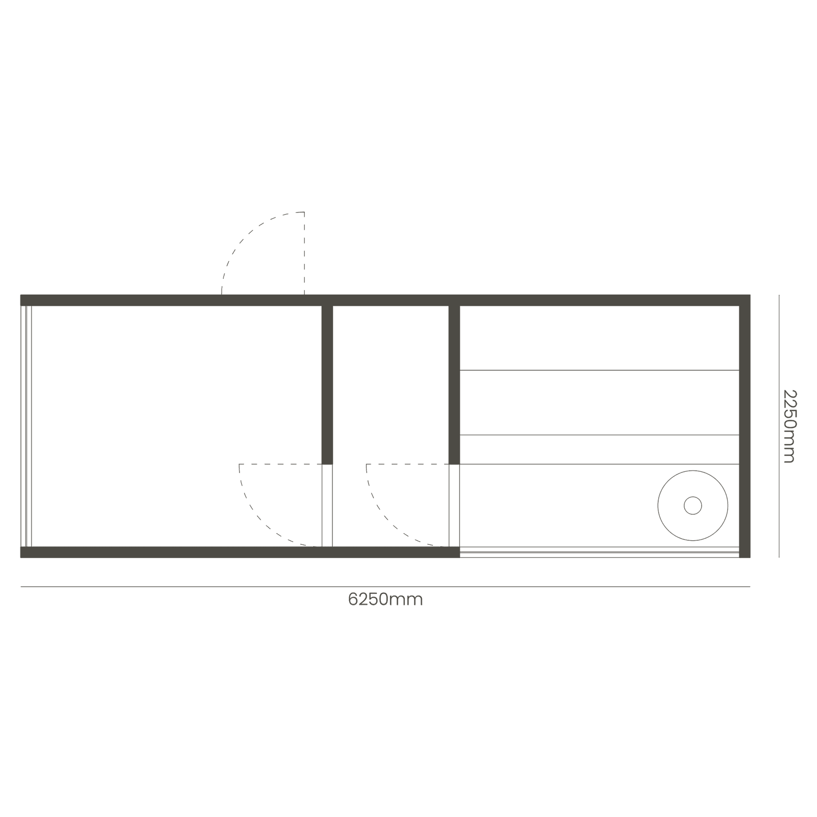 Plan of a long sauna module measuring 6250mm by 2250mm. It consists of three parts: a room, a changing room and a sauna cabin with benches and a stove.
