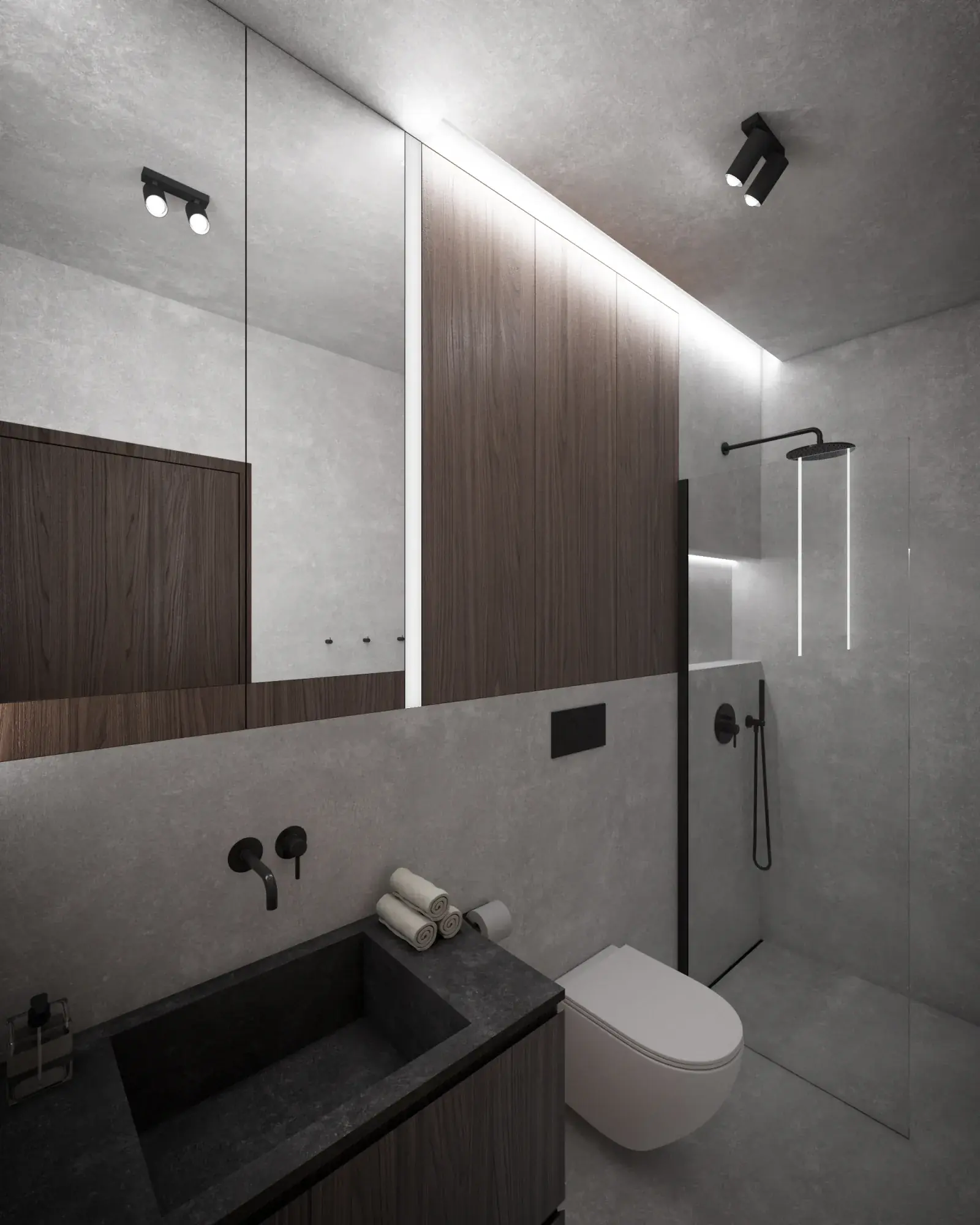 Visualisation of a bathroom in a Hombee Home modular home with a walk-in shower, backlit mirror, stone washbasin and timber cabinetry