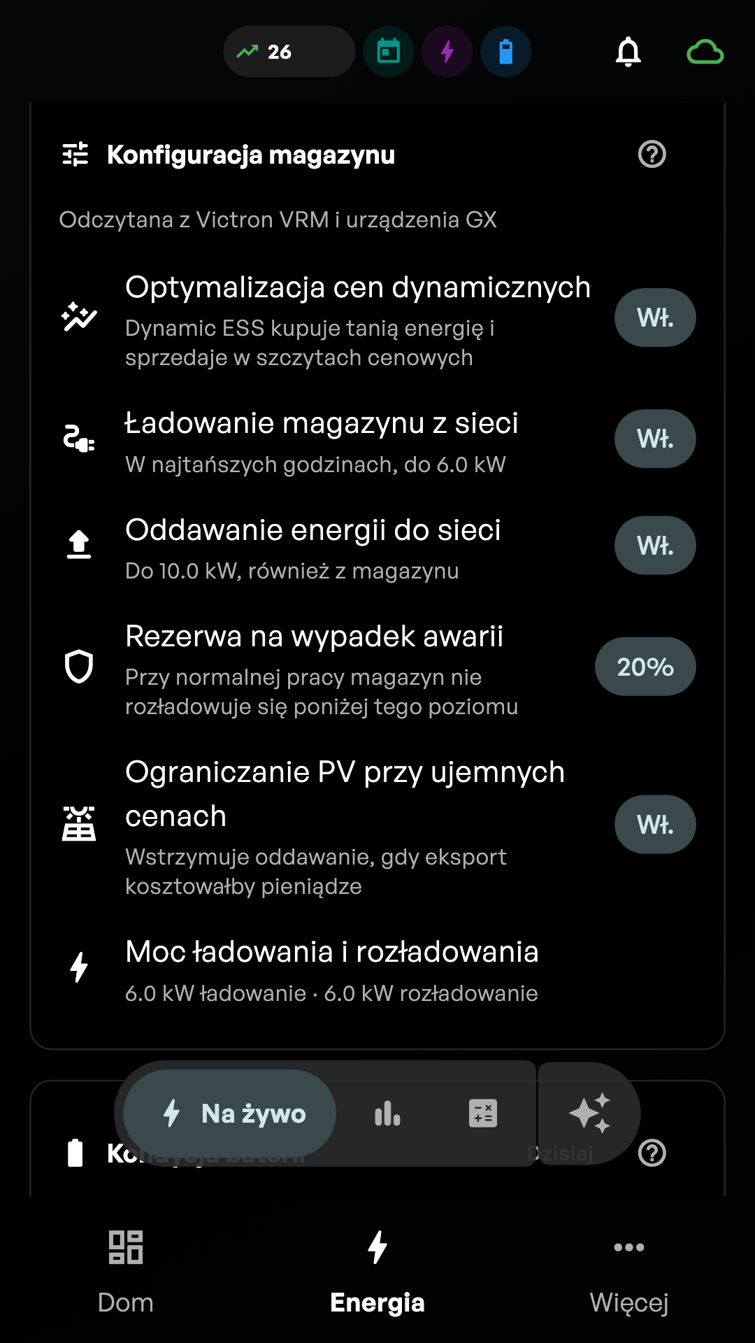 Ekran aplikacji Hombee Energy „Konfiguracja magazynu” z ustawieniami cen dynamicznych, ładowania z sieci, oddawania energii i rezerwy na wypadek awarii.