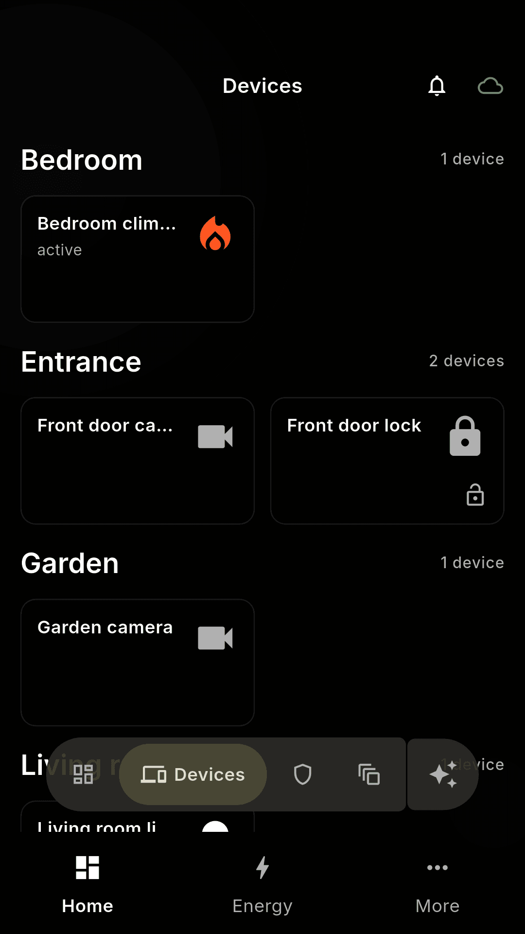Hombee device view with lights, climate, blinds, a garage door and a television grouped by room.