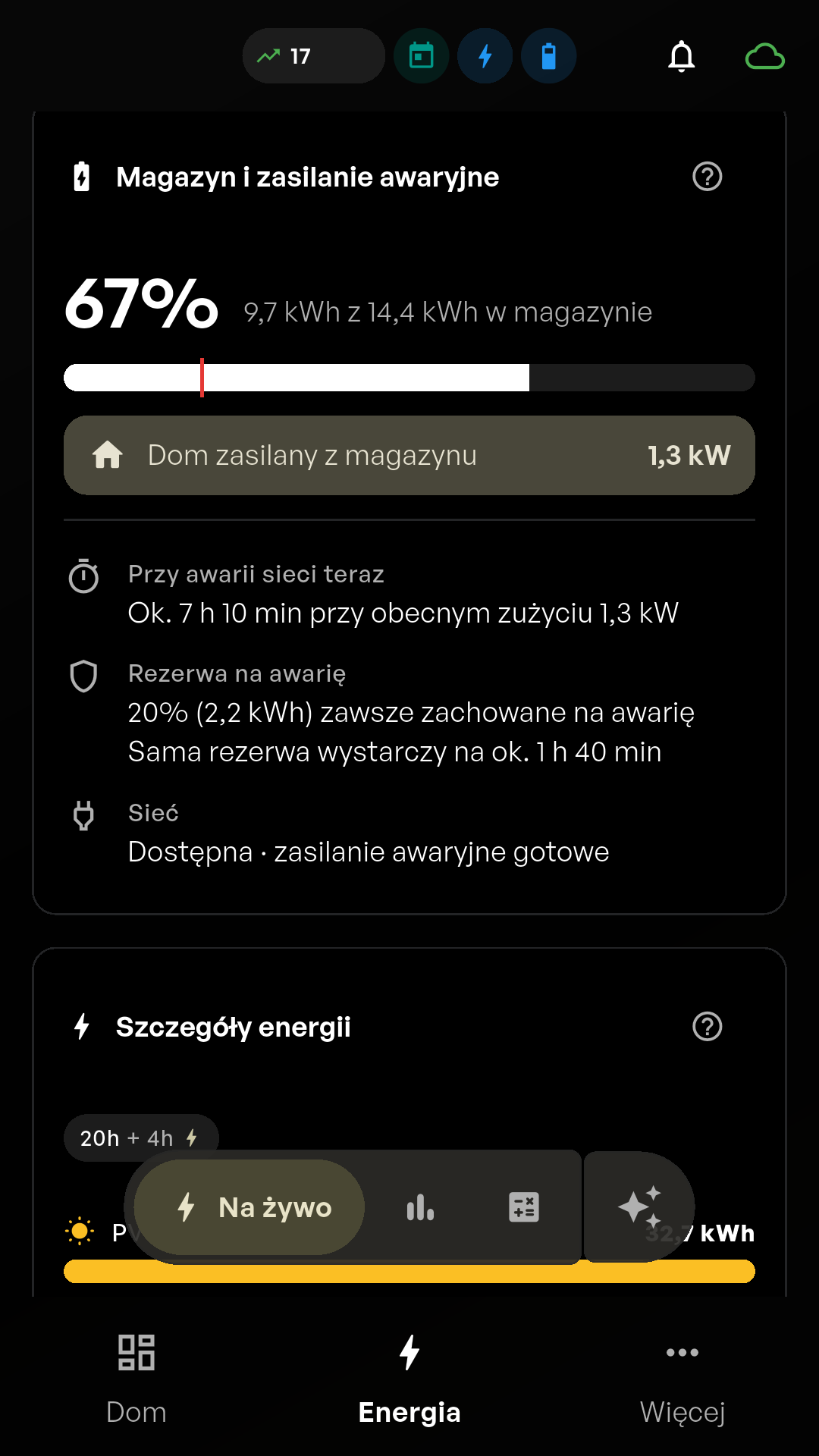 Ekran aplikacji Hombee Energy „Magazyn i zasilanie awaryjne” z poziomem naładowania 67%, informacją „Dom zasilany z magazynu” i szacowanym czasem pracy.