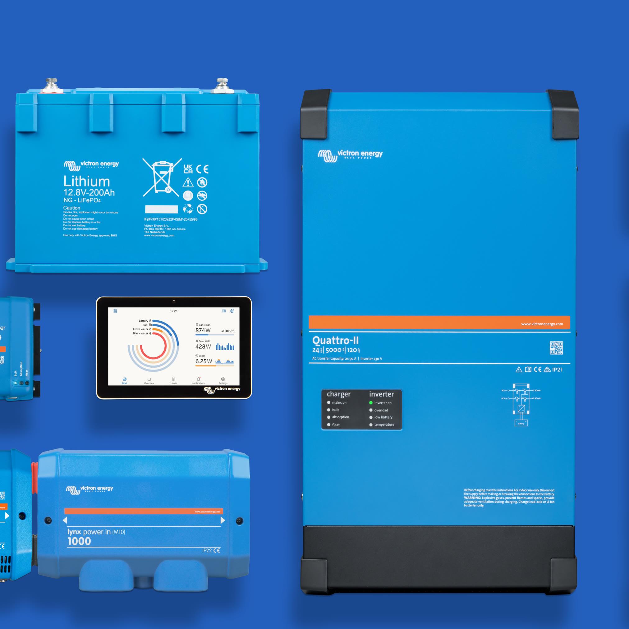 A set of Victron energy storage components: a lithium battery, a Quattro-II inverter, MPPT charge controllers and a screen with an app.