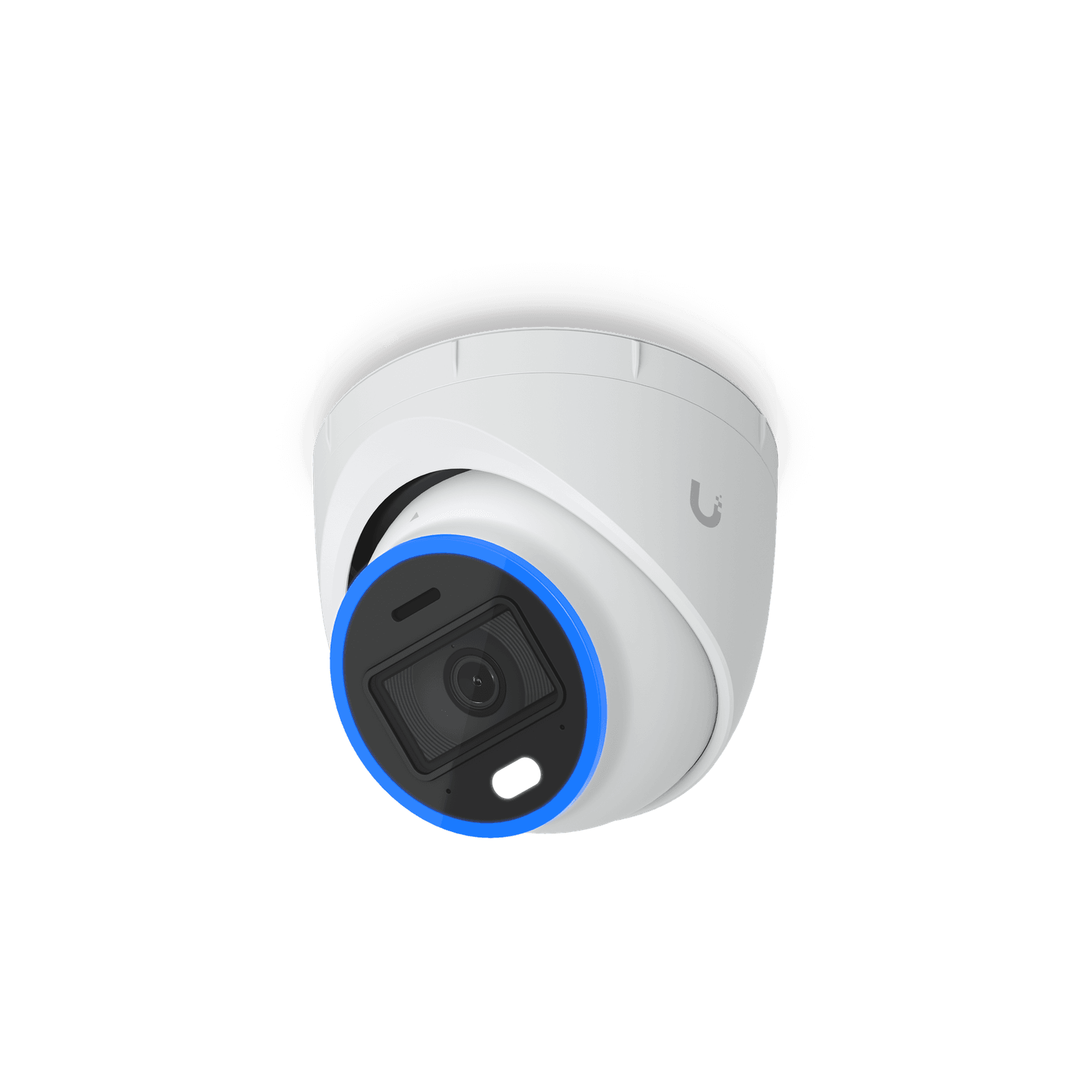 A white Ubiquiti security camera with a black lens surrounded by a glowing blue ring.