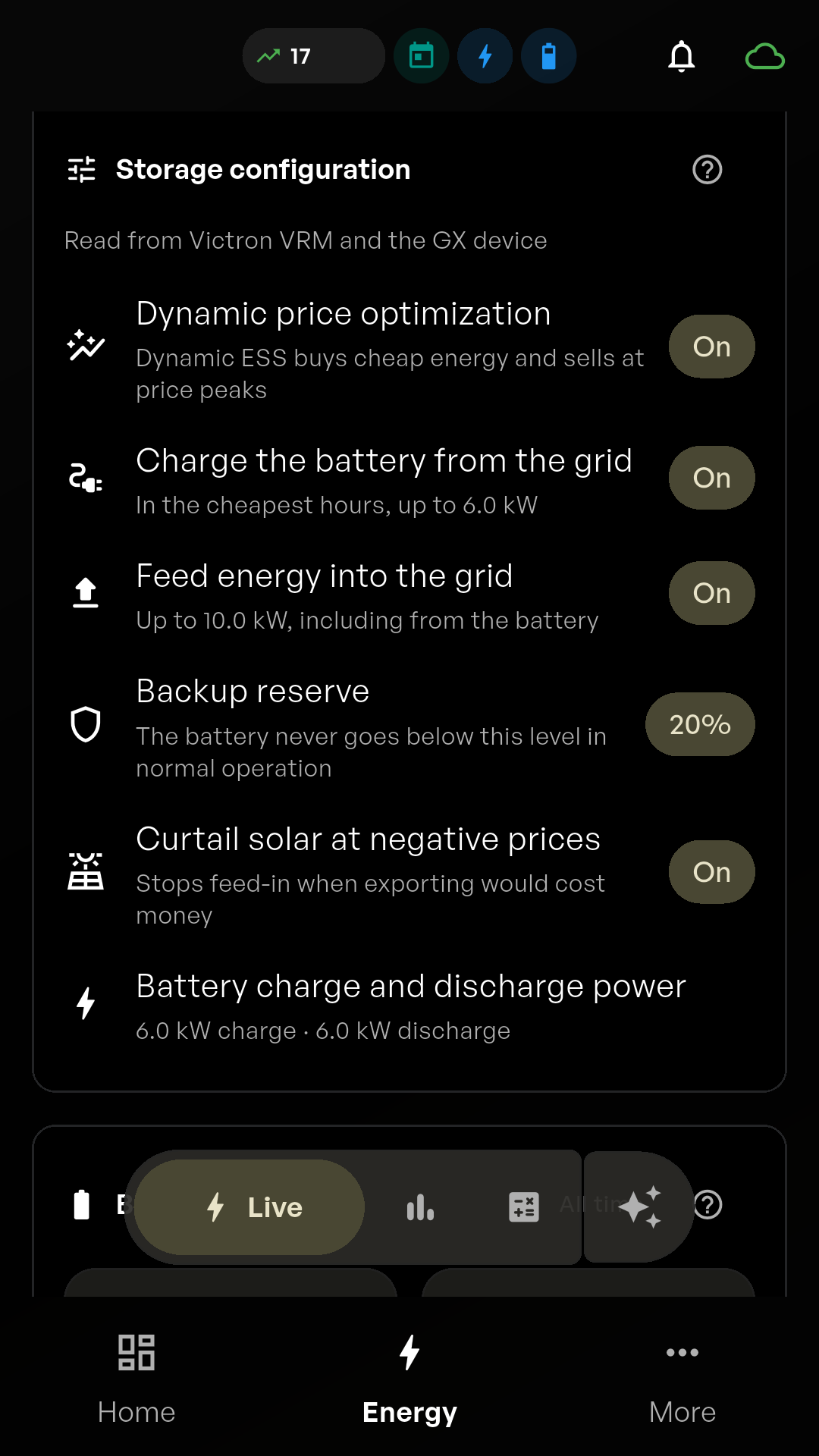 Hombee Energy app screen “Storage configuration” with the settings for dynamic prices, grid charging, energy export and the outage reserve.