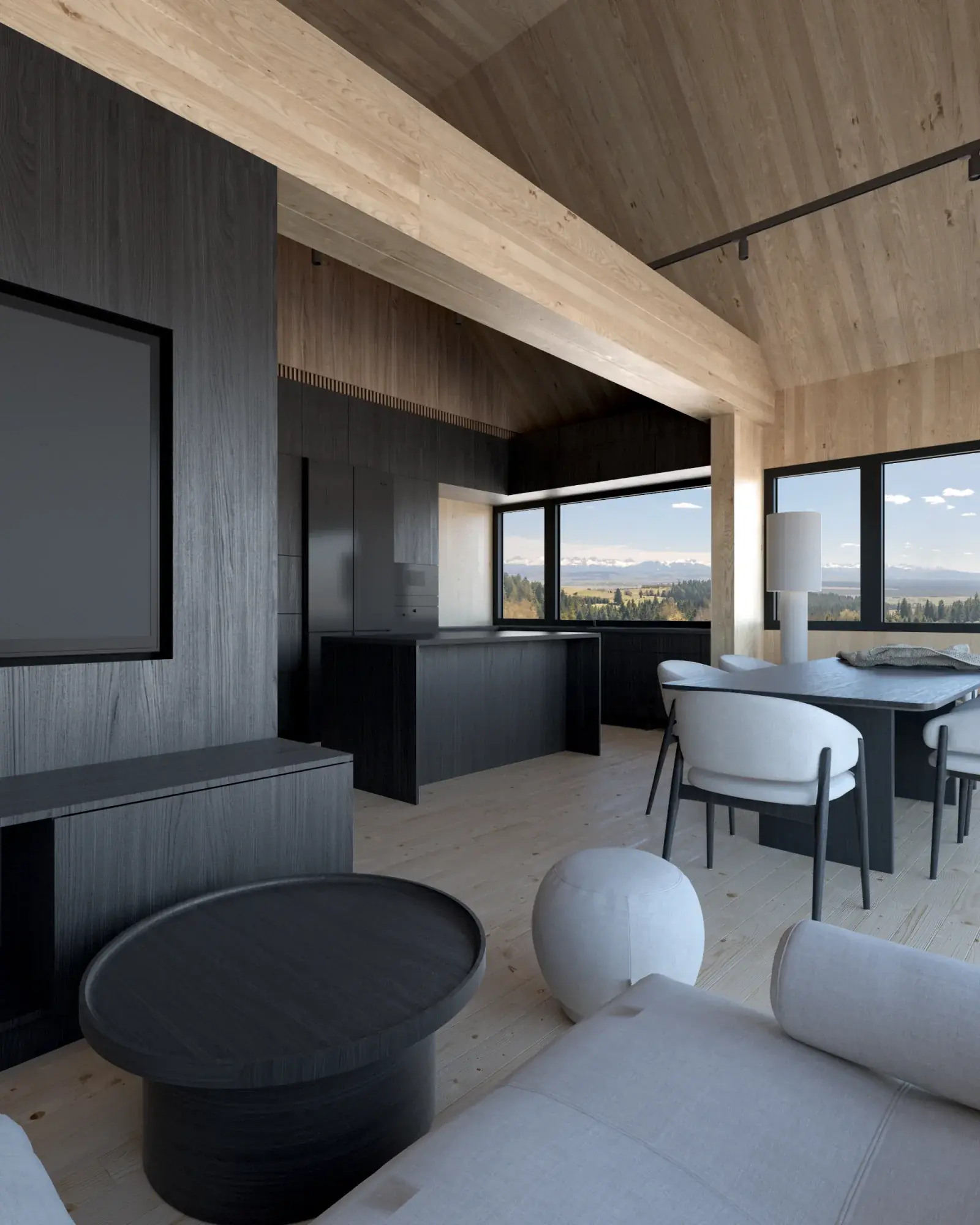 Visualisation of the living room in a Hombee Home modular home with a sofa and coffee table, open to the kitchen and dining area under a CLT timber beam