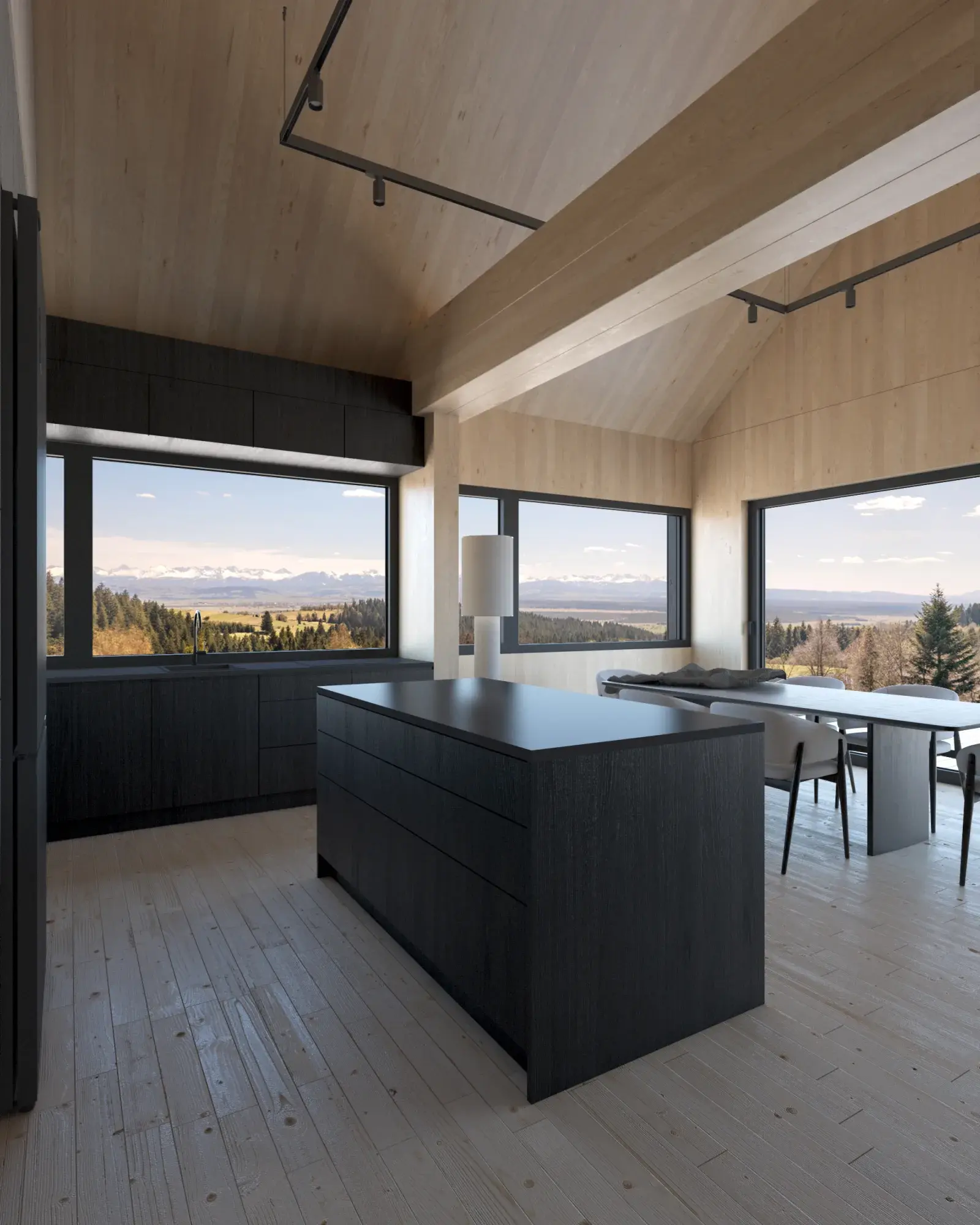 Visualisation of the kitchen with a black island and dining area in a Hombee Home modular home, with an exposed CLT timber ceiling and panoramic windows