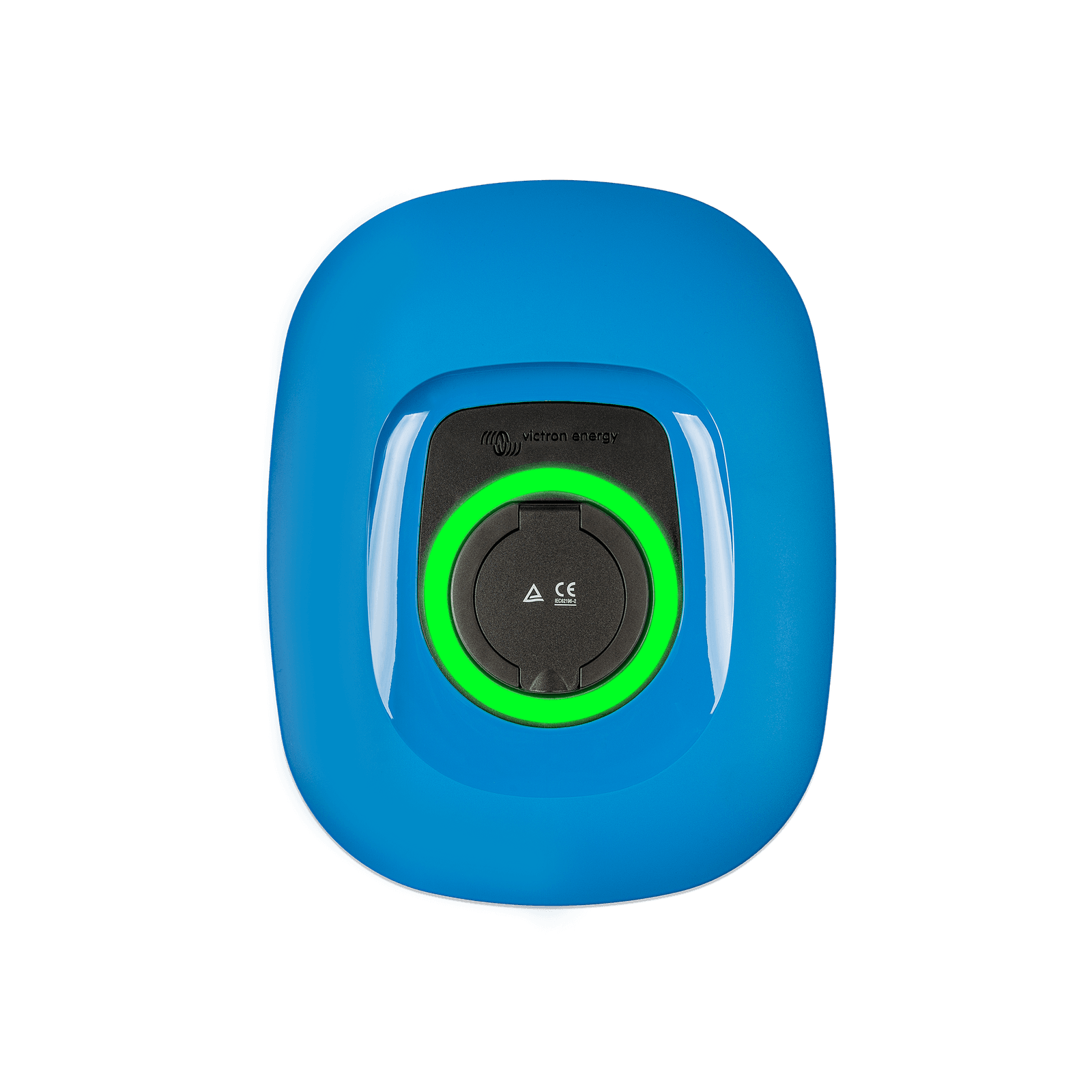 A blue, round, wall-mounted Victron Energy EV charging station with a central black port surrounded by a glowing green ring.