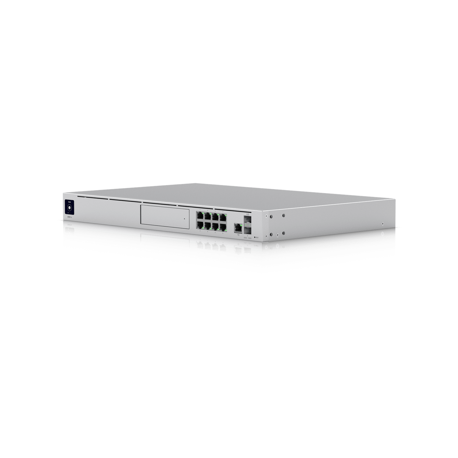 A flat, silver Ubiquiti network switch with Ethernet ports.