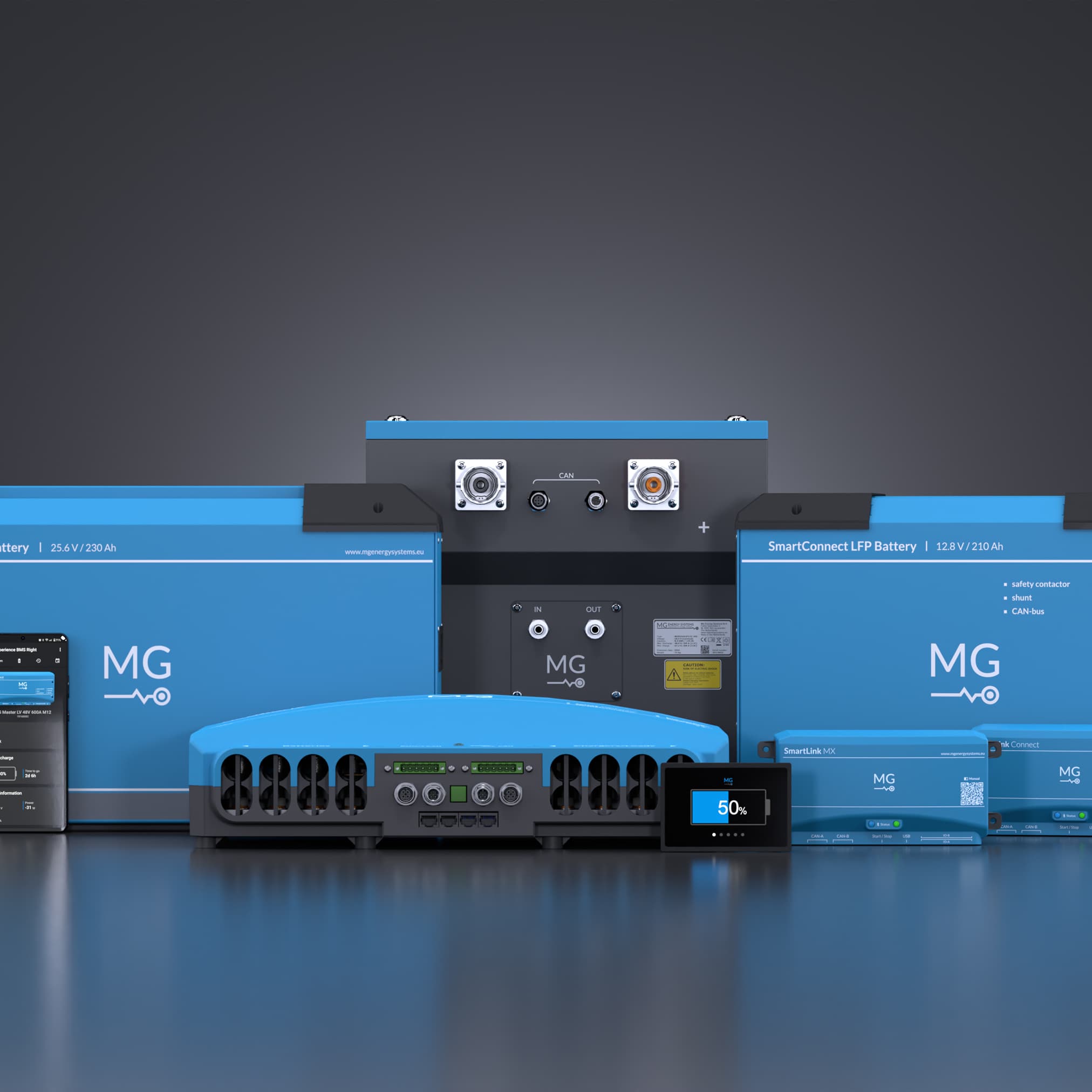 Components of the energy storage system, including blue batteries, control modules, a smartphone with an application, and a display.