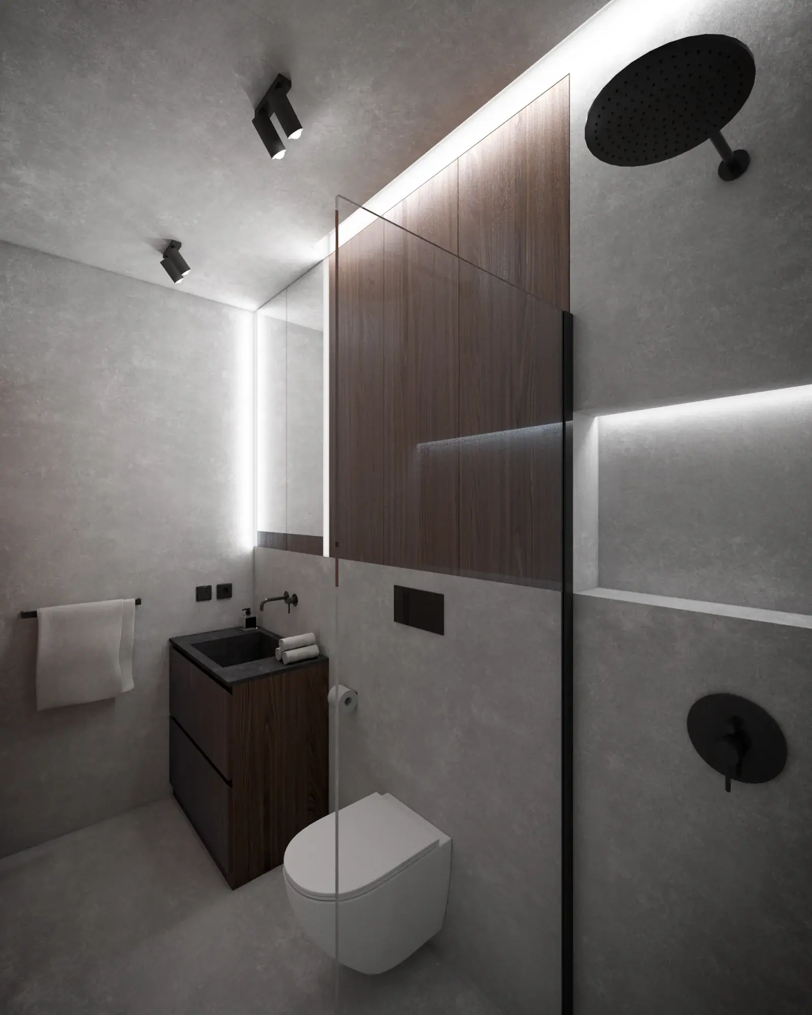 Visualisation of a bathroom in a Hombee Home modular home with a rain shower, glass shower screen, backlit niche and a dark timber vanity