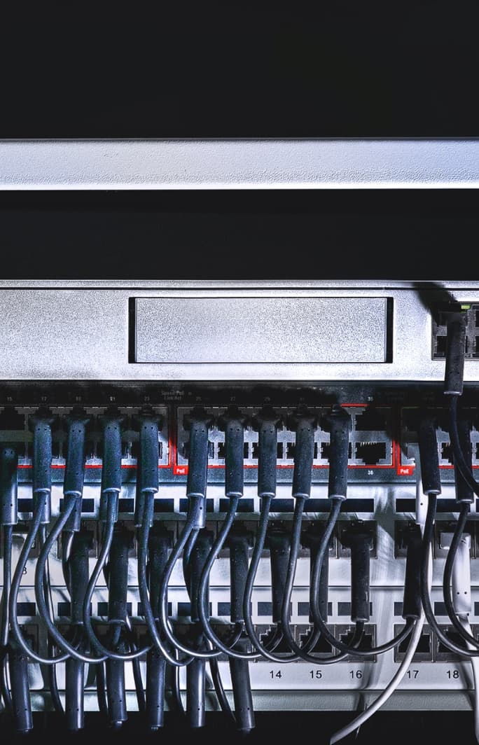 A network switch with organized cabling.