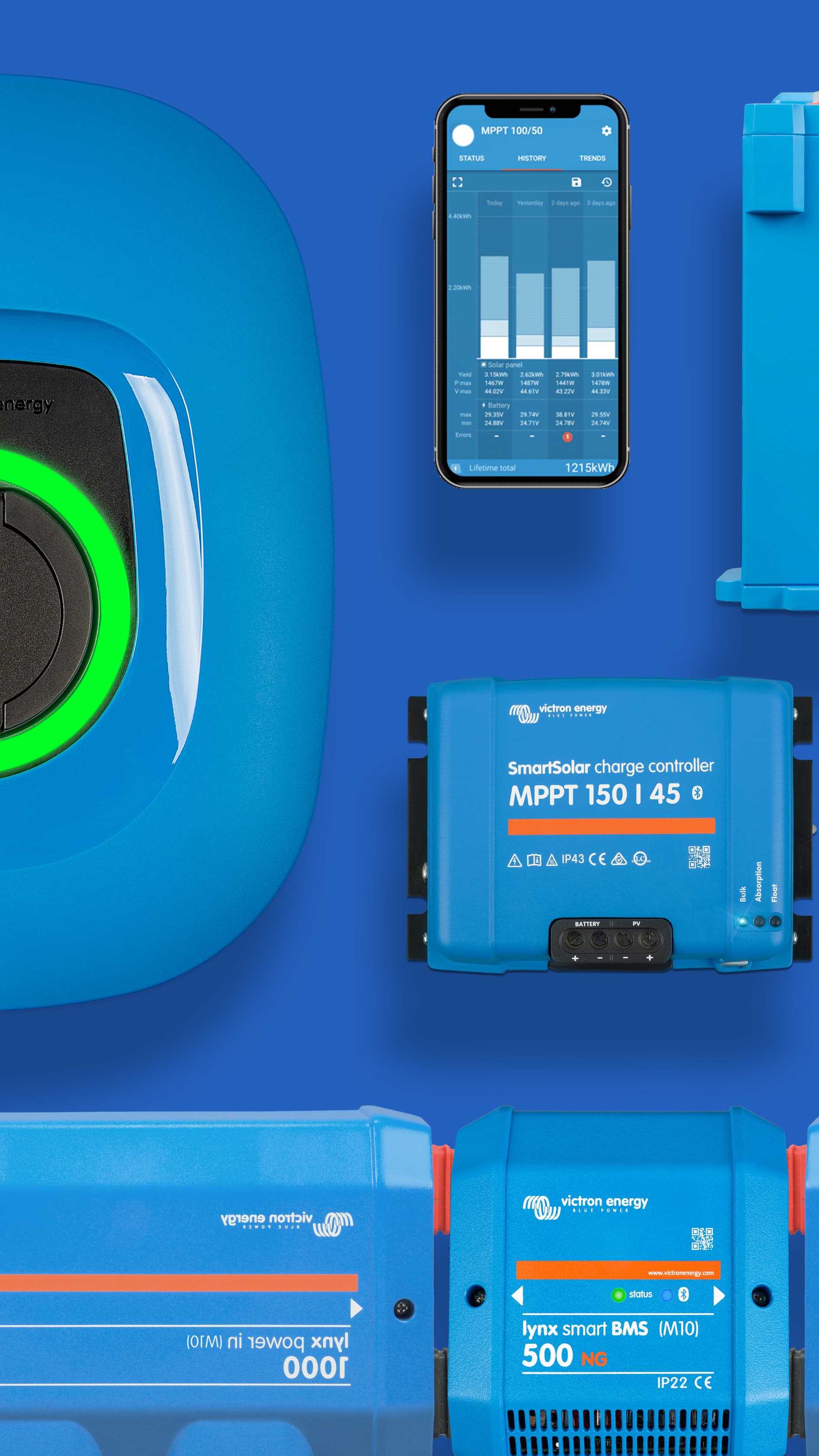 A set of components for the energy storage system: a blue battery, an inverter, charge controllers, and a screen with an application.