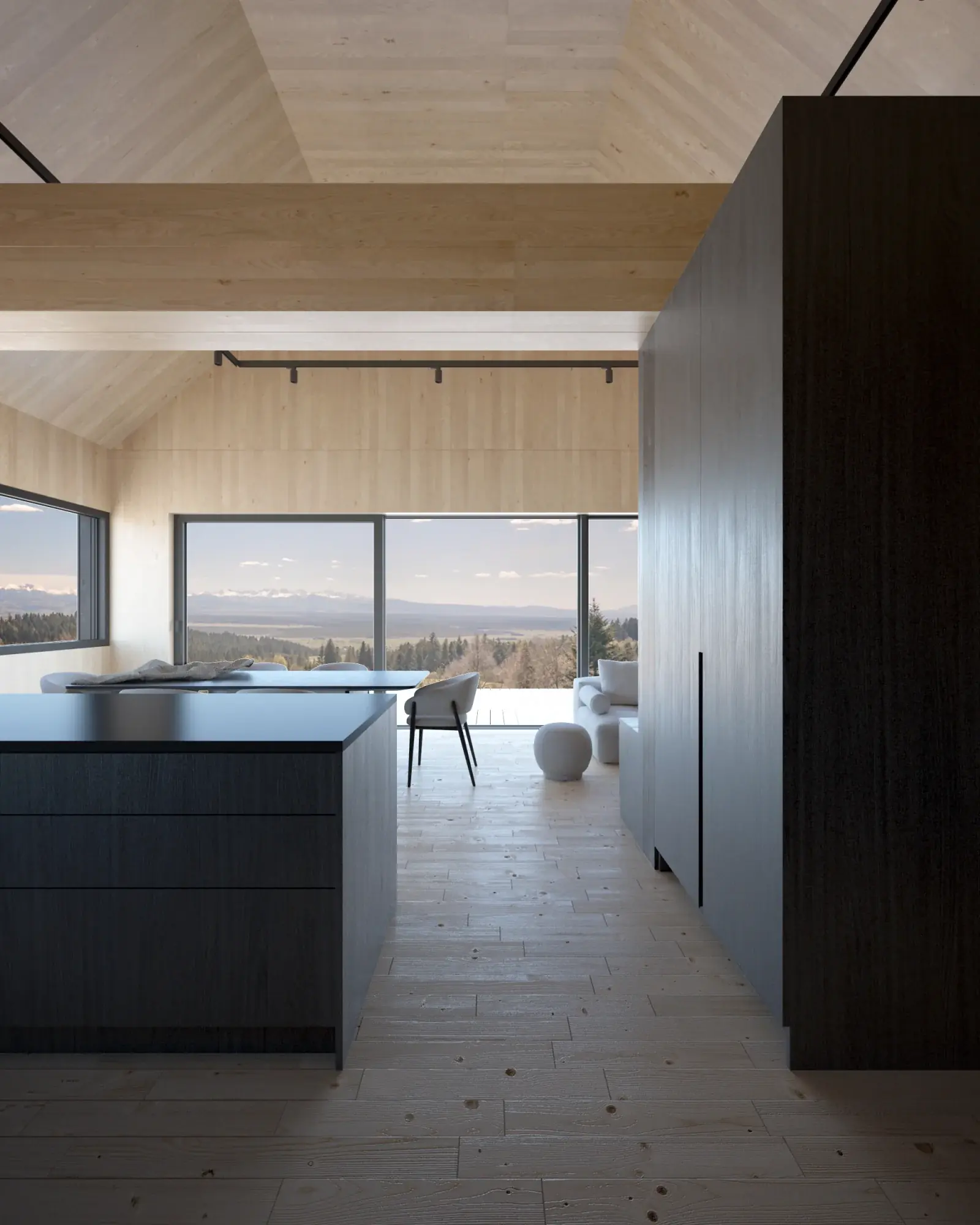 Visualisation of the open-plan day zone in a Hombee Home modular home, looking past a black kitchen island and tall cabinetry towards the living area and a glazed wall with a mountain view