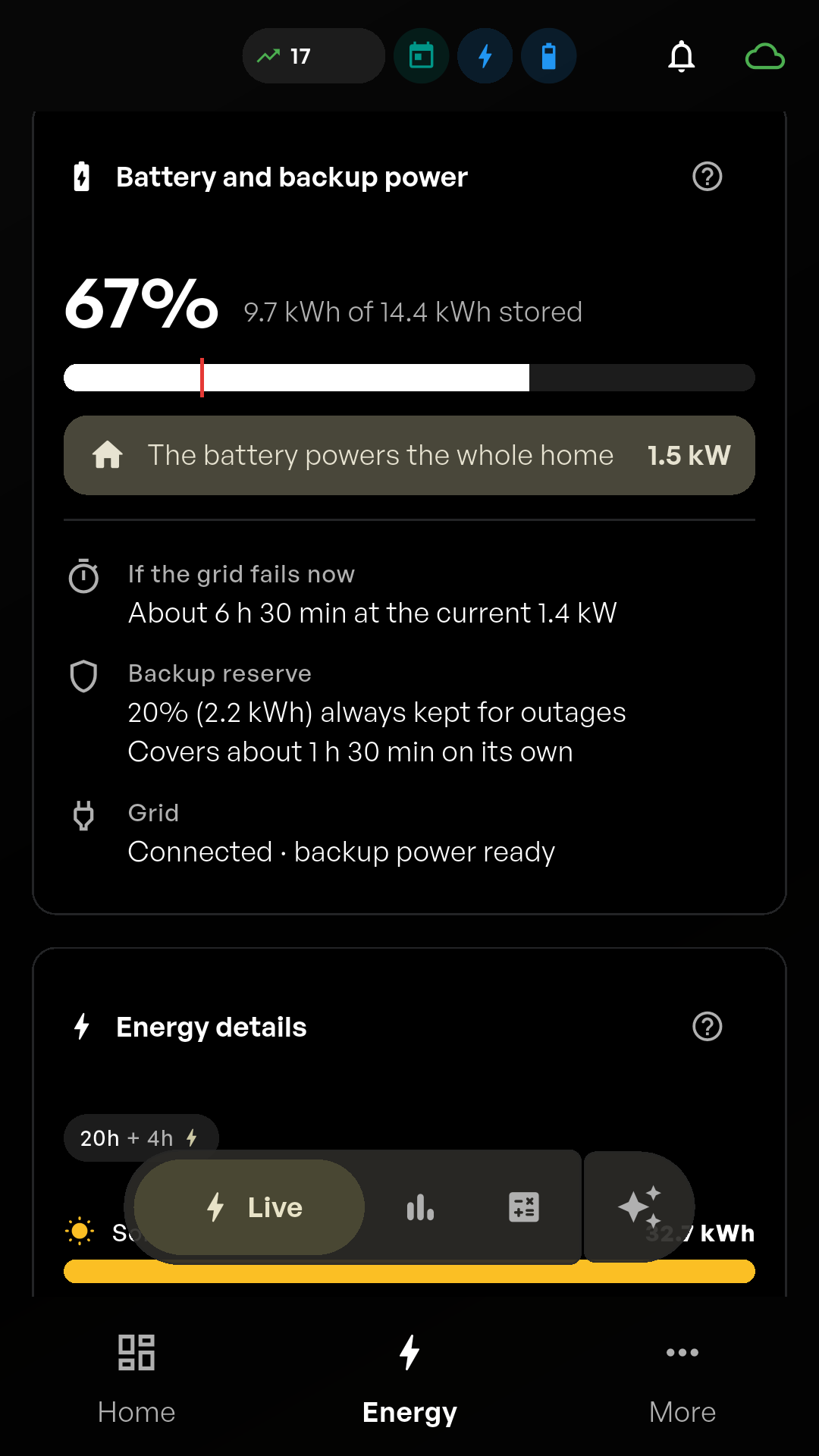 Hombee Energy app screen “Battery and backup power” showing a 67% charge level, “Home powered from storage” and the estimated runtime.