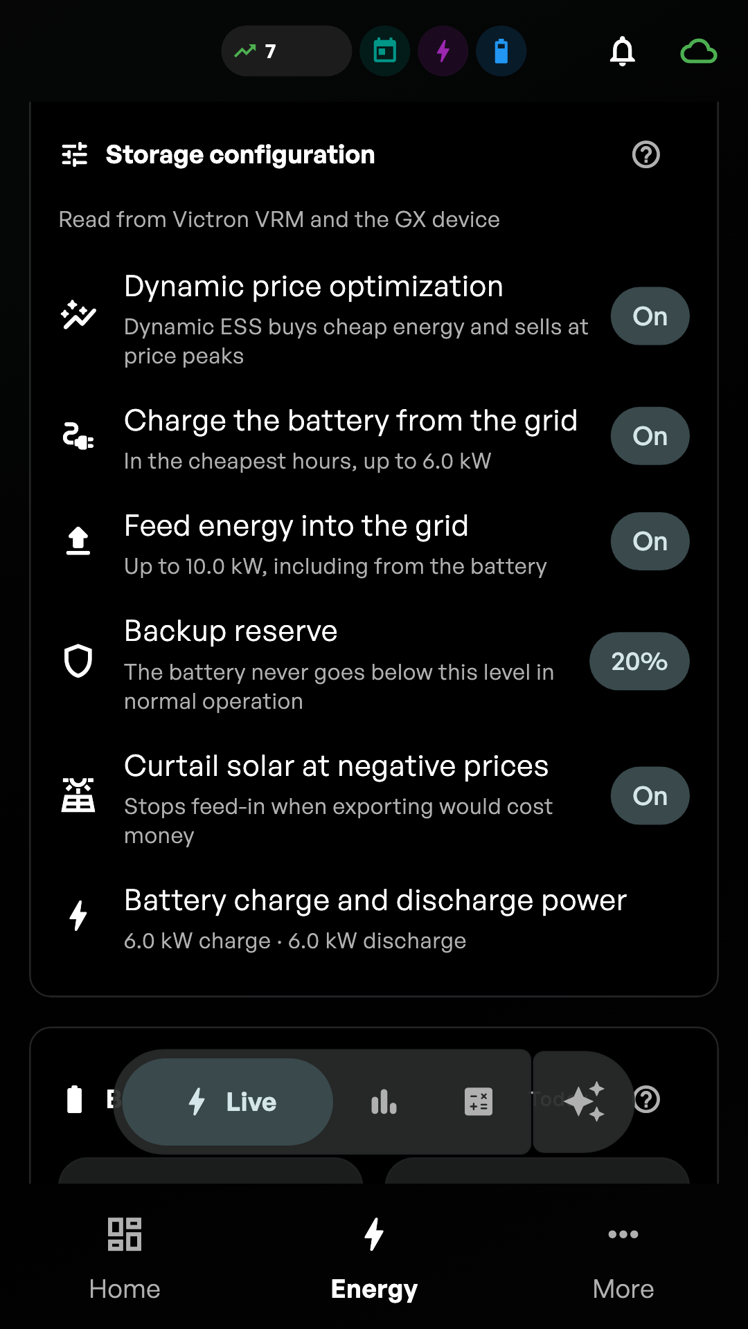 Hombee Energy app screen “Storage configuration” with the settings for dynamic prices, grid charging, energy export and the outage reserve.