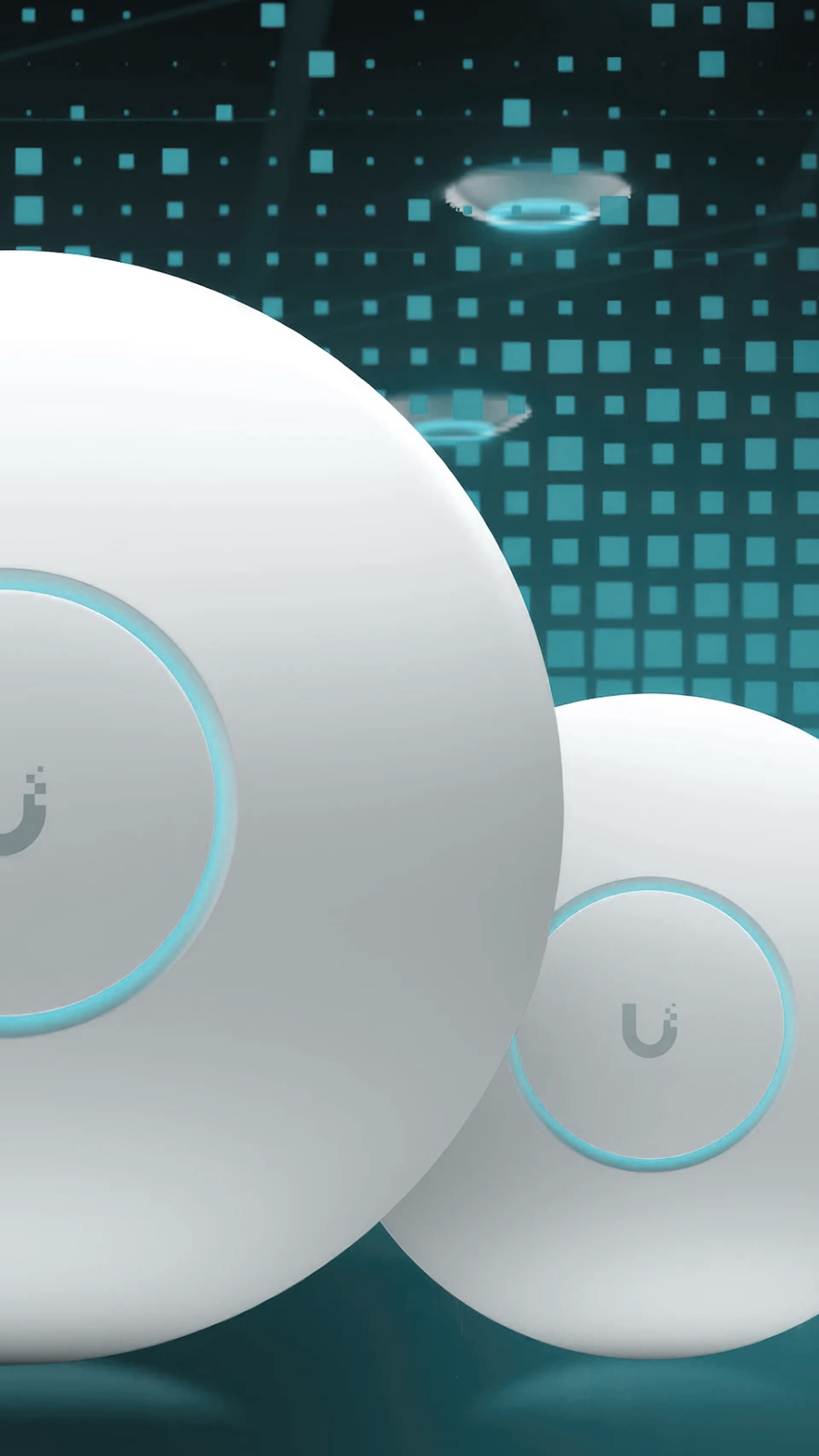A close-up of a round, white Wi-Fi access point with a glowing blue ring. In the background, a digital, turquoise grid.